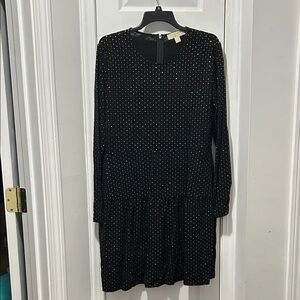 Michael Kors Black Long-Sleeve Metallic Polka Dot Drop-Waist Dress
